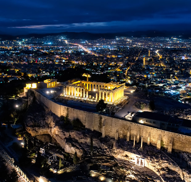 The Acropolis in Athens lit up at night