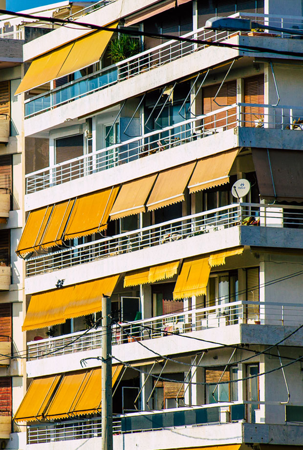 Apartment awnings and balconies in Athens Greece