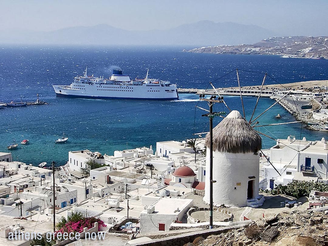 Sunny day Cruise ship off Mykonos Island
