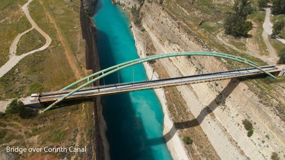 Aerial view of walk bridge over the Corinth Canal Greece