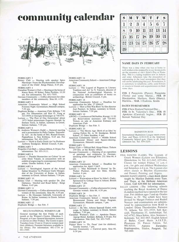 Community Calendar Page - Feb 1976 - The Athenian