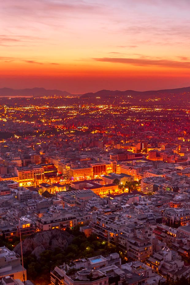 Athens at night from aerial Drone