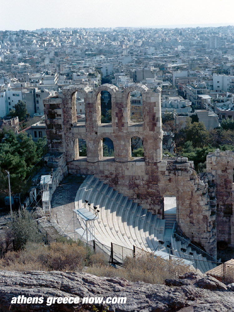 Herodes Amphitheatre in Athens Greece, on the Parthenon Acropolis Amphiateatre of Odeon Herodes in Atticus, Greece