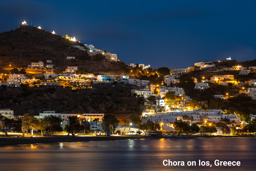 Shoreline of Chora on Ios Island at night