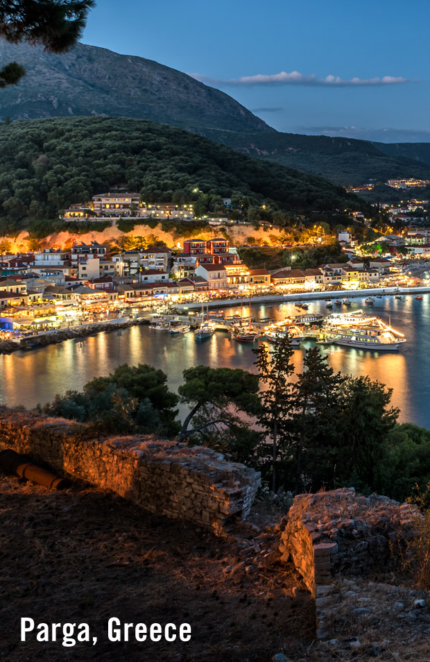 Port lights of Parga, Greece at dusk