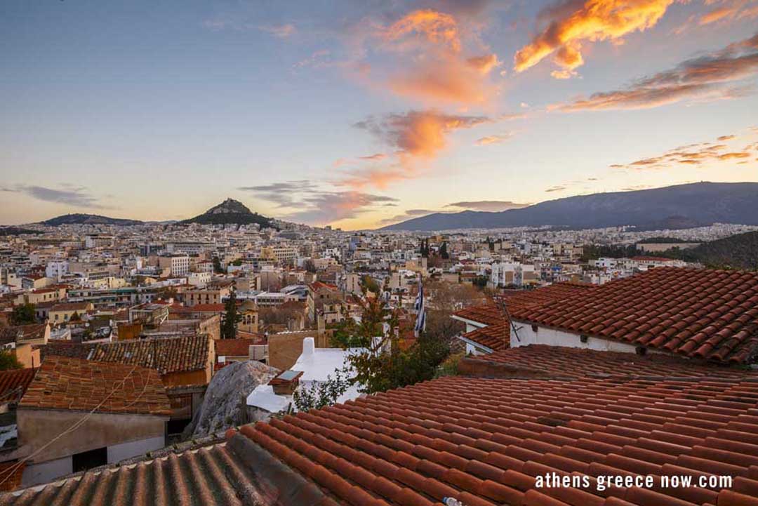 Athens Greece at Sunset with Mount Lycabettus in the distance