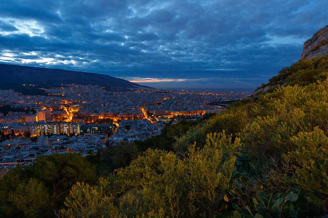 Nightfall over Athens Greece
