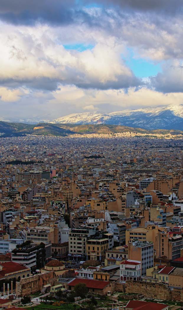 Athens Greece from the sky with Parnitha in distance with snow