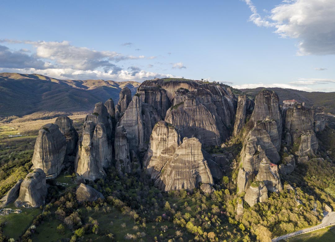 Greyed out rock cliffs of Meteora in Greece