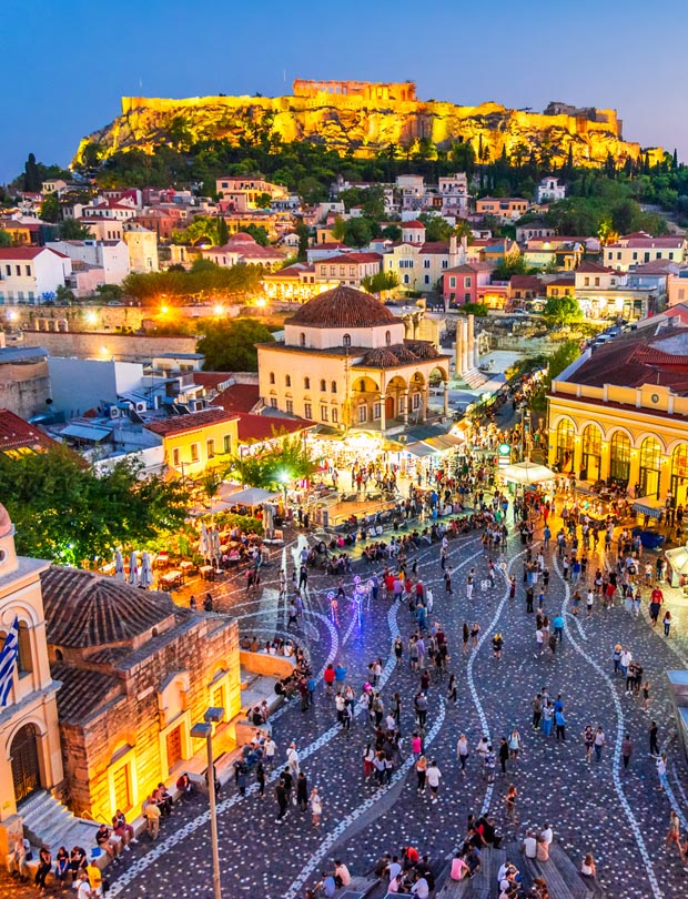 Shopping night Athens Greece with Acropolis