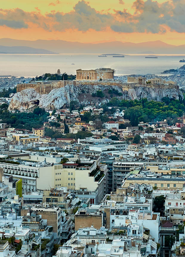 The Golden colors of Sunset over the Acropolis in Athens Greece