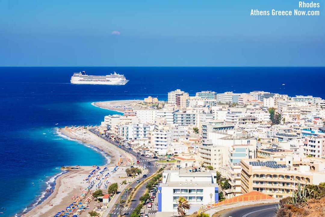 Rhodes Island Coast with hotels and cruise ship on the waters