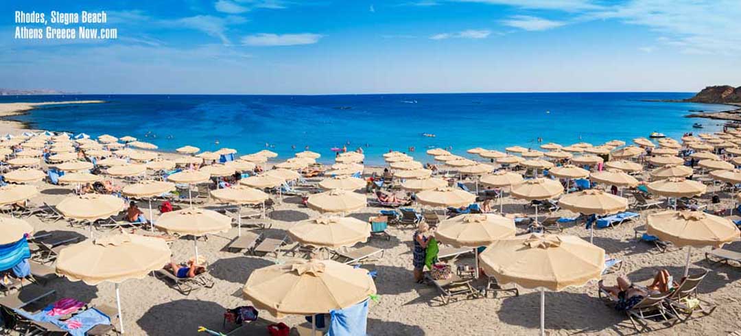 Rhodes Island with Stegna Beach with umbrellas