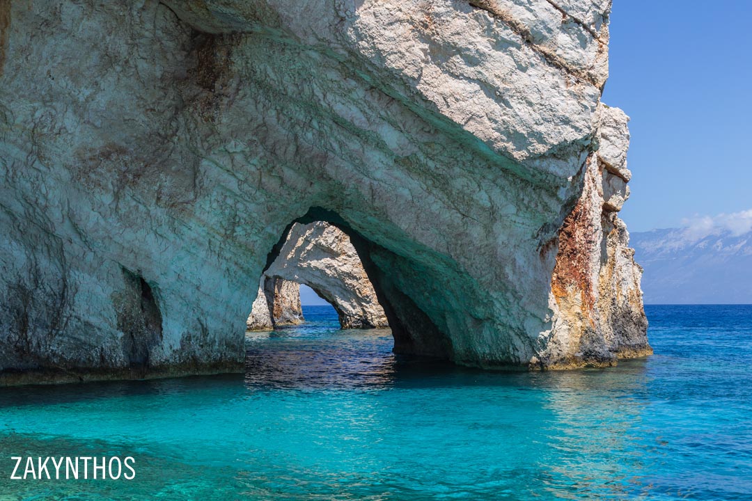 The turquoise Blue caves of Zakynthos island coast