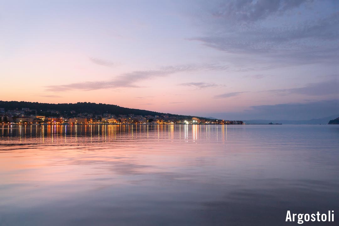 Argostoli from the water at sunset