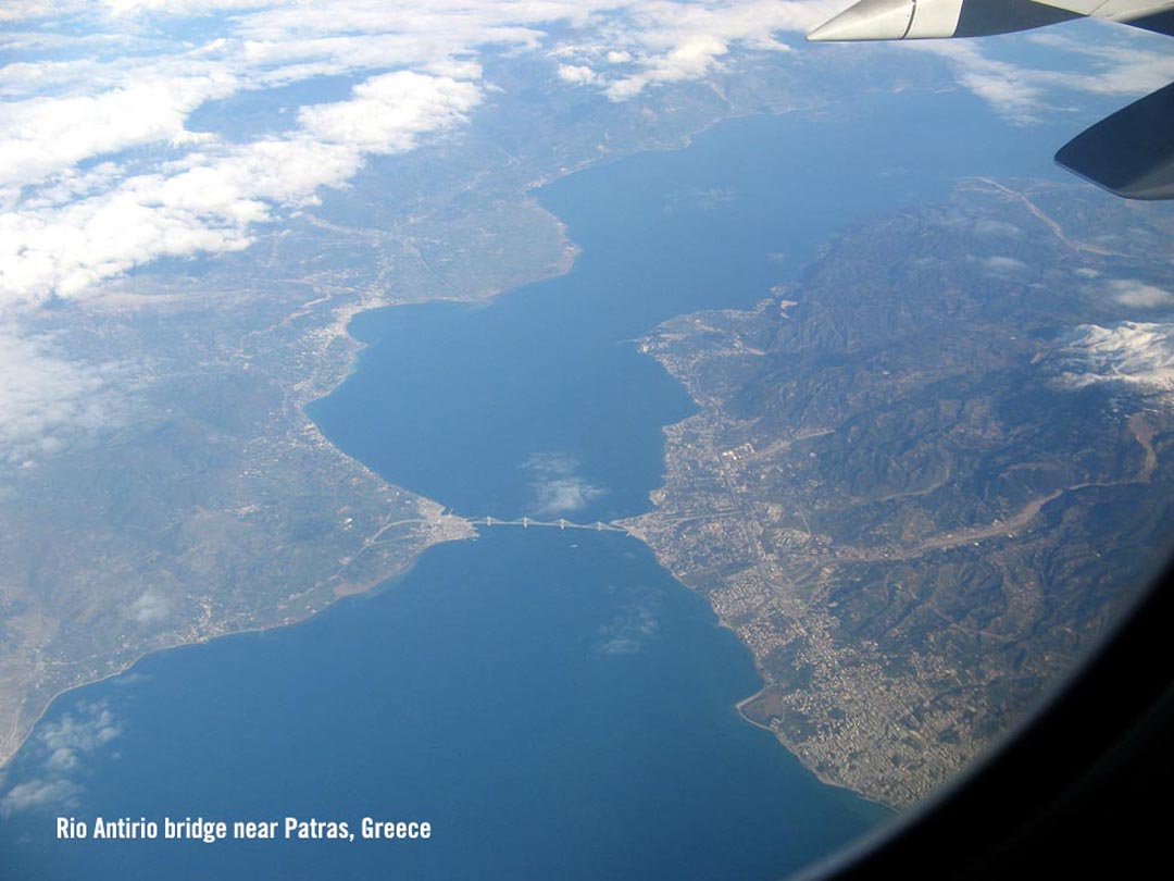 High level aerial view of Rio Antirio bridge near Patras, Greece