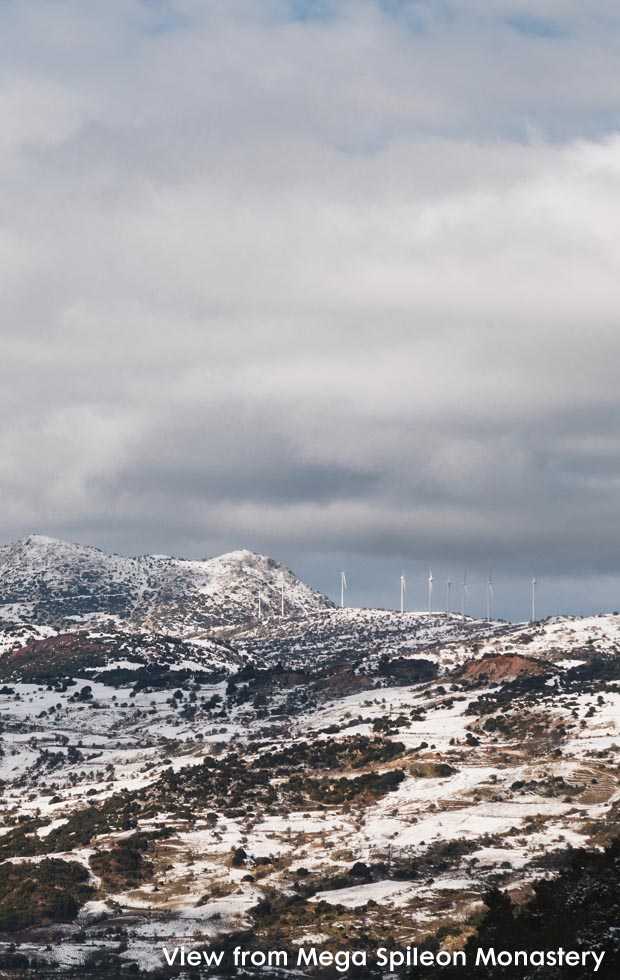 Winter time view of mountains from Mega Spileon Monastery