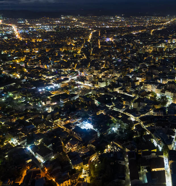 Night time over Athens looking toward the Saronic Gulf