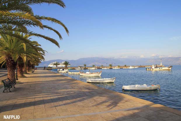 Nafplio with palms by the sea