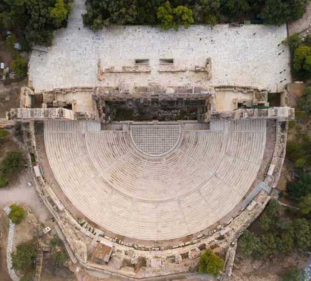 sky view drone - Odeon of Herodes Atticus at the Acropolis in Athens Greece