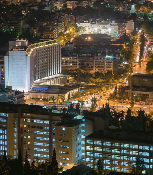 At night looking toward the Hilton Hotel Athens Greece