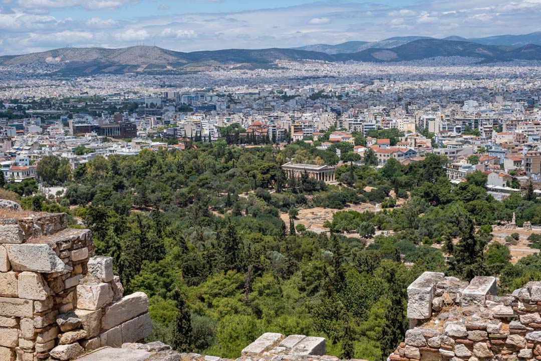 The large green, wooded area around the Temple of Hephaestus in Athens