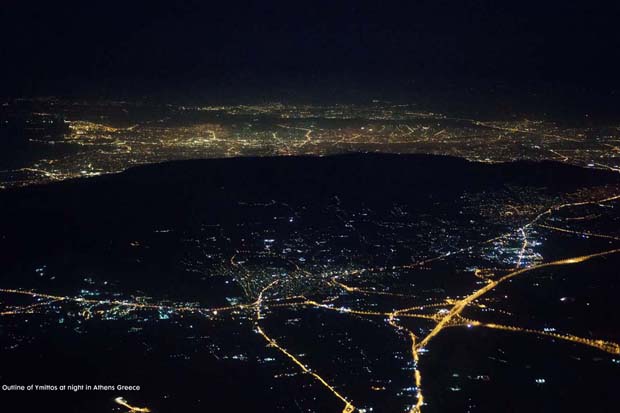 Night time aerial view looking toward Ymittos in Athens