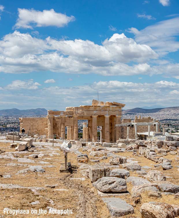 Sunny skies over the Propylaea on the Acropolis, looking toward the Saronic Gulf
