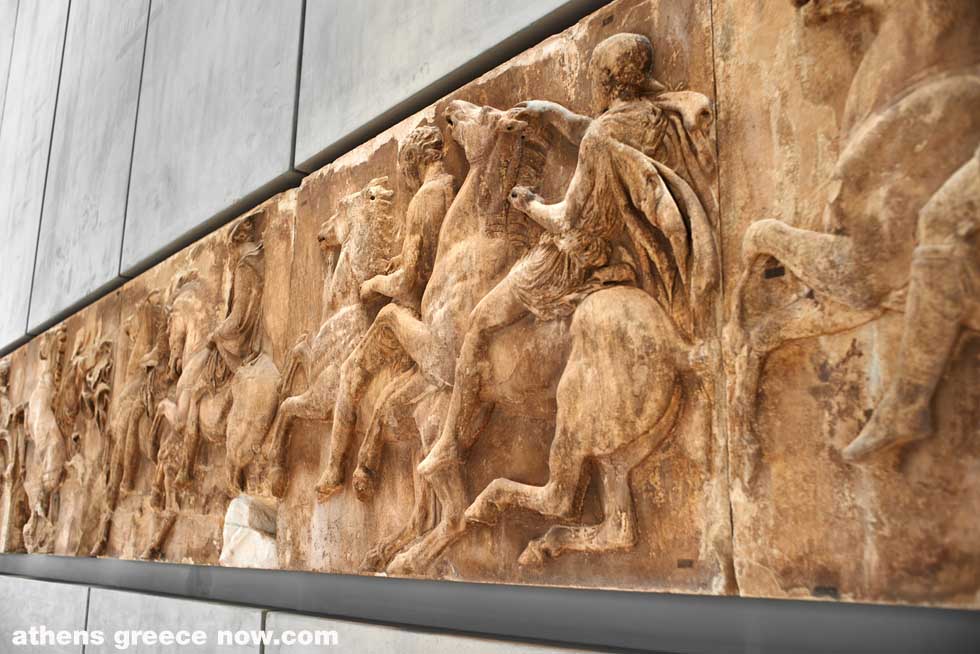 Horsemen section of west frieze from the Elgin Marbles of Parthenon in the Acropolis museum.