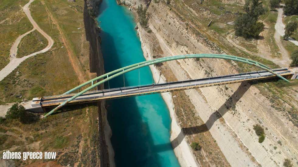 Aerial view of walk bridge over the Corinth Canal Greece