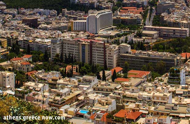 Over Athens Greece - Hilton Hotel and Evaggelismos General Hospital