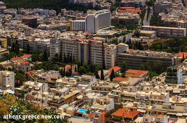 Over Athens Greece - Hilton Hotel and Evaggelismos General Hospital Over Athens Greece - Hilton Hotel and Evaggelismos General Hospital
