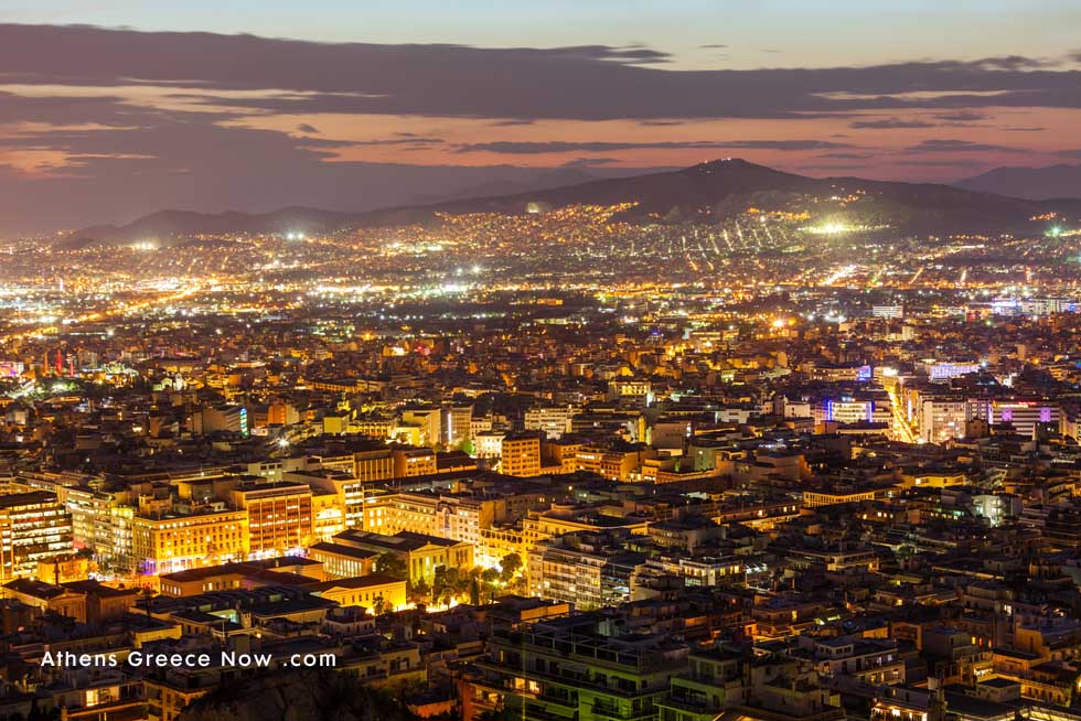 Panoramic at night Athens Greece