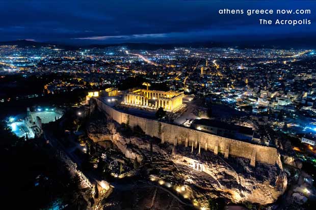 Acropolis at night from drone