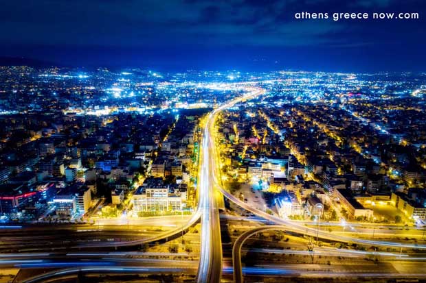 Highway exchange in Athens by night