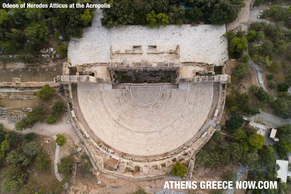sky view drone - Odeon of Herodes Atticus at the Acropolis in Athens Greece