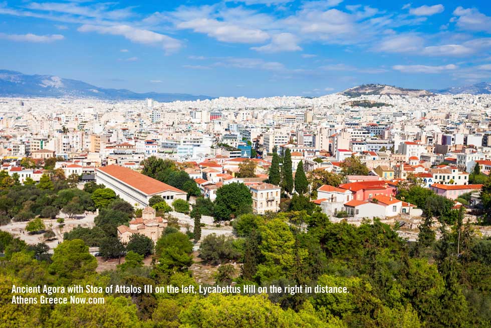 Ancient Agora with Stoa of Attalos and Lyvabettus Hill in Athens Greece