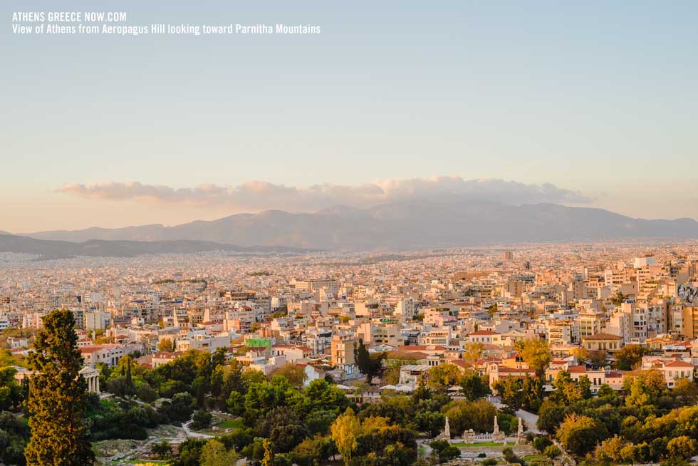 View of Athens Greece from Aeropagus Hill looking toward Parnitha Mountain