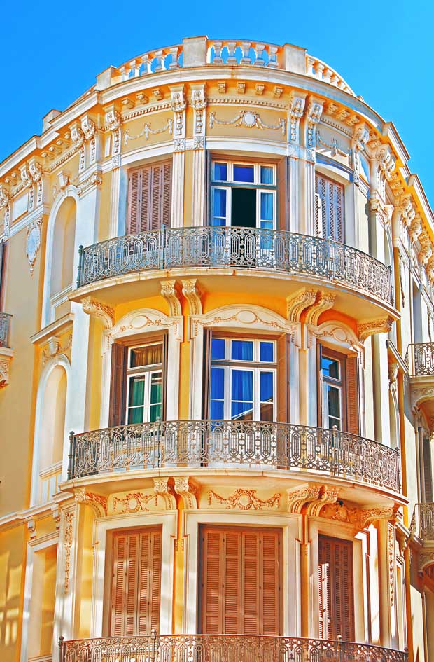 Balconies of a traditional Greek buildingm  near Monastiraki in Athens Greece