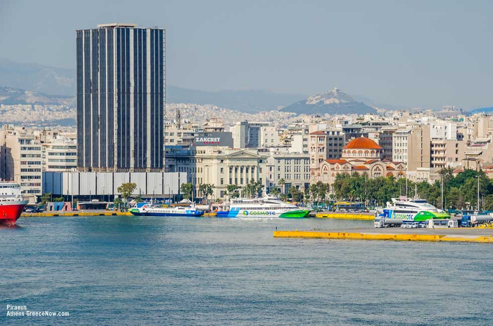 Piraeus harbor with Athens and Lycabettus in the background