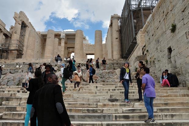 Tourists in Athens at the Propylea