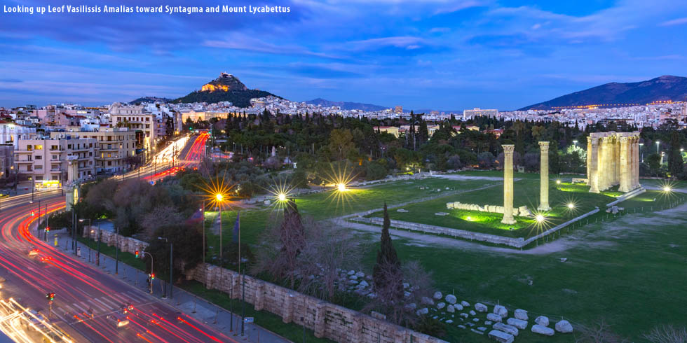 Mount Lycabettus in distance, leof Vasilissis Amalias by the Z god Temple