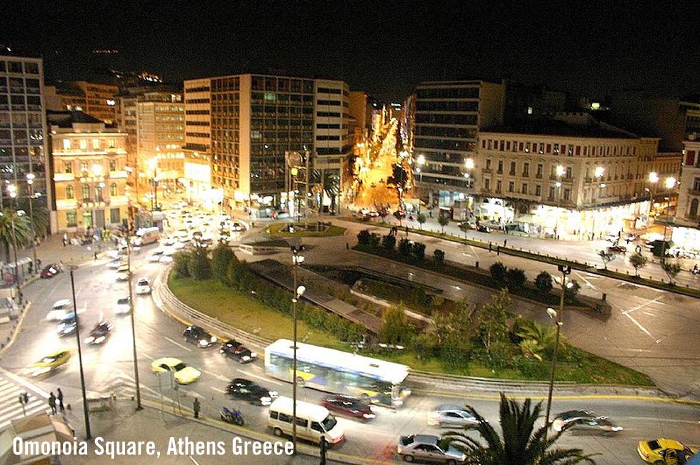 Omonoia Square at night Photo image - Wikipedia, Open Source Public Domain