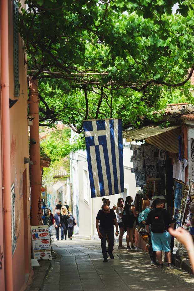Greek flag on a walk way in Athens Greece