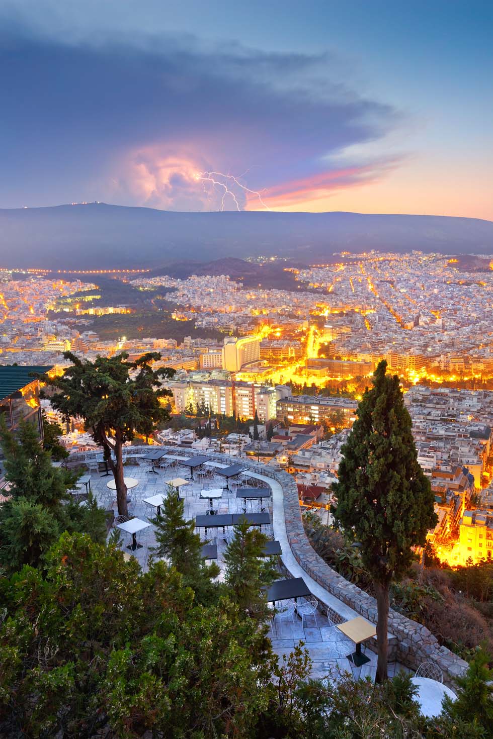 Lightning over Athens Greece with Hymettus Mountain