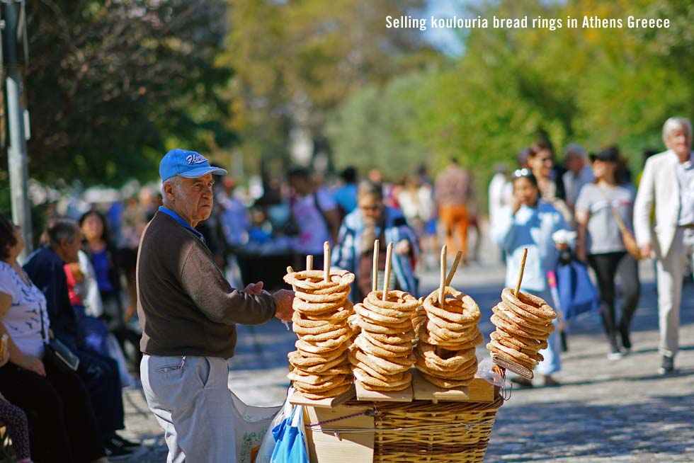 Selling koulouria bread rings in Athens Greece