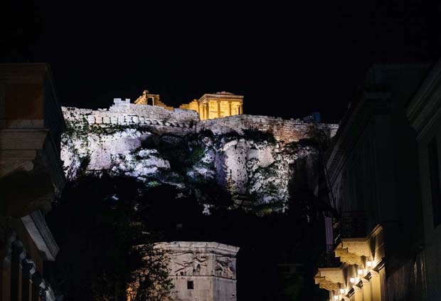 Acropolis illuminated at night