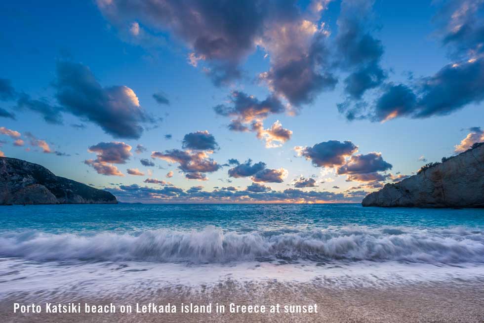 Porto Katsiki beach on Lefkada island in Greece at sunset