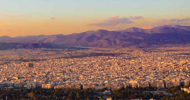 Athens Greece purple shadowed mountains