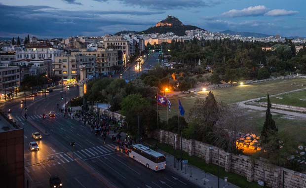 Athens Greece at nightfall and Lycabettus in distance